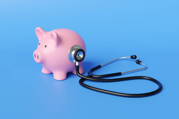 p3 Black stethoscope on the body of a pink piggy bank in blue background. Illustration of the concept of financial health and long-term sustainability of a company