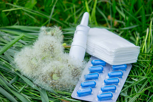 Nasal drops, allergy spray, wipes and tablets. Allergy treatment concept. Nasal drops, allergy spray, wipes and tablets. Allergy treatment concept.